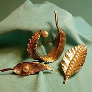 Vintage Gold Leaf Brooch Trio with Pearls